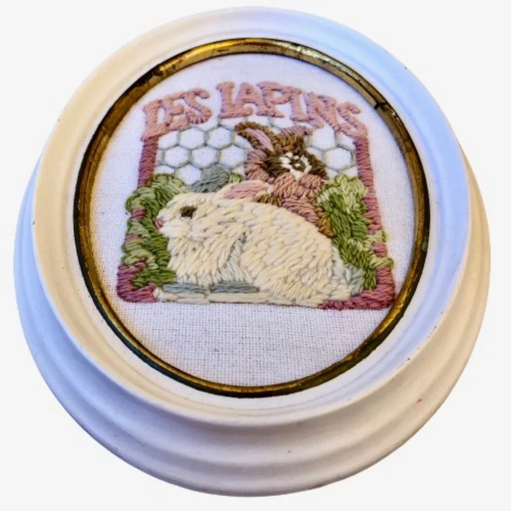 Vintage Long Needlepoint Bunny Rabbits Easter Wall Art Framed